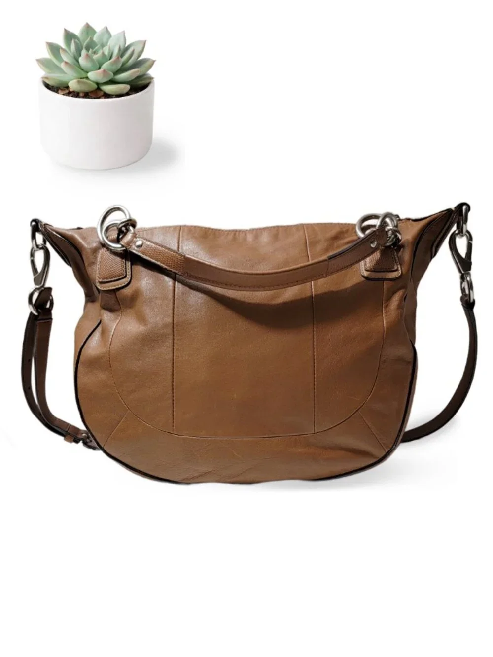 Coach Kristin Round Satchel Leather Hobo Shoulder Bag Brown Large Silver Clasp